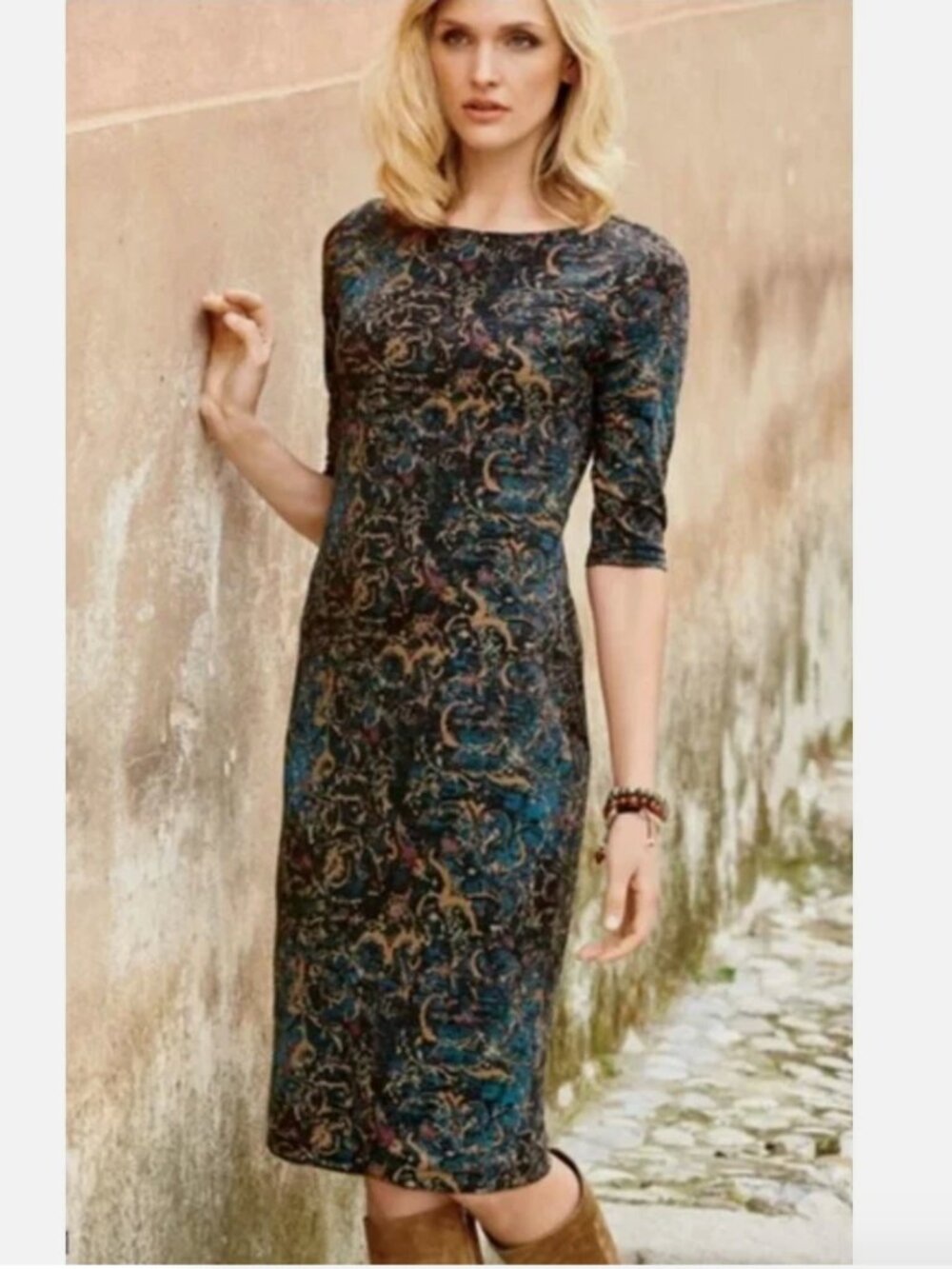 Peruvian Connection Silk Road Pattern Short Sleeve Dress in Pima Cotton - Size L